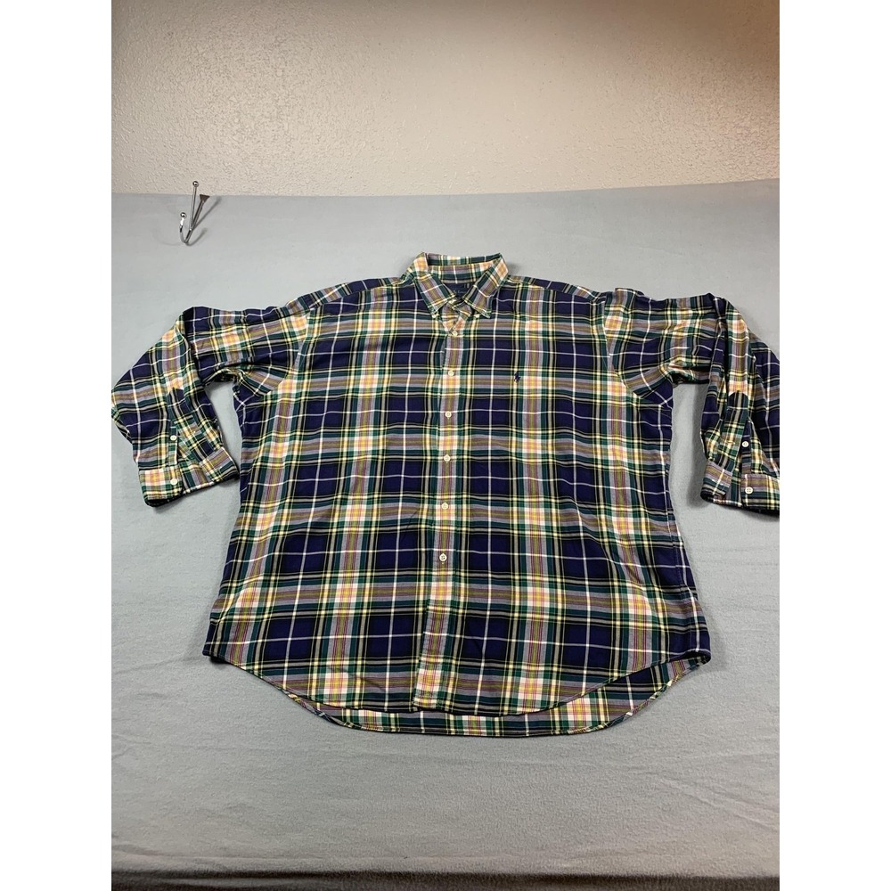 Ralph Lauren Shirt Mens 2XL Blue Green Yellow Plaid Blake Classic Fit Cotton